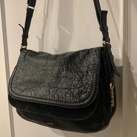Fossil Black Pebbled Distressed leather Crossbody Messenger Suede Flap front Bag - Picture 2 of 16